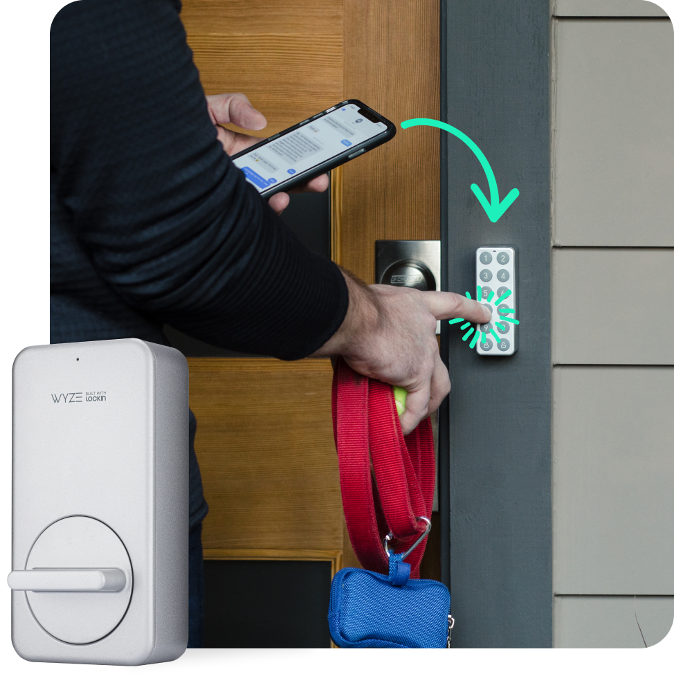 Person holding a leash using Wyze Lock Keypad to get into the front door