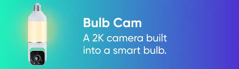 Smart bulb with camera on a gradient blue and green background