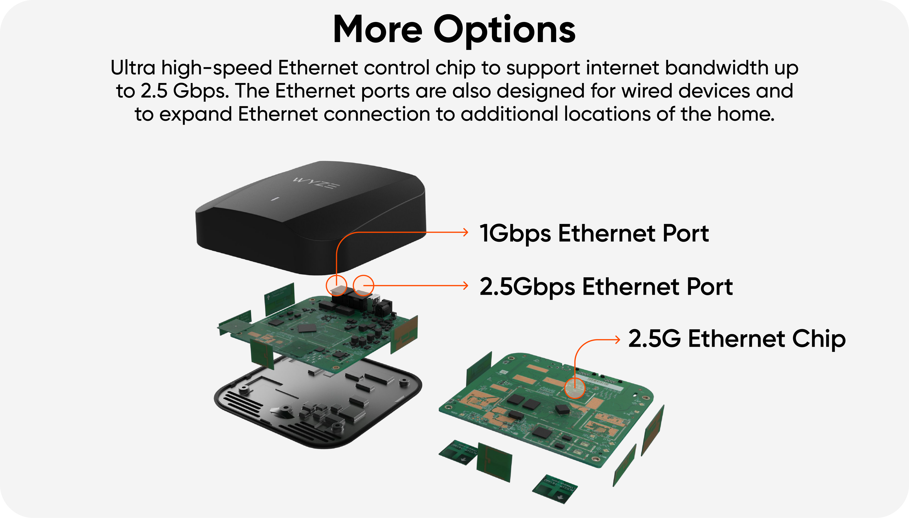 Mesh Router Pro exploded product view with ethernet ports labelled. Text overlay that says "More Options."