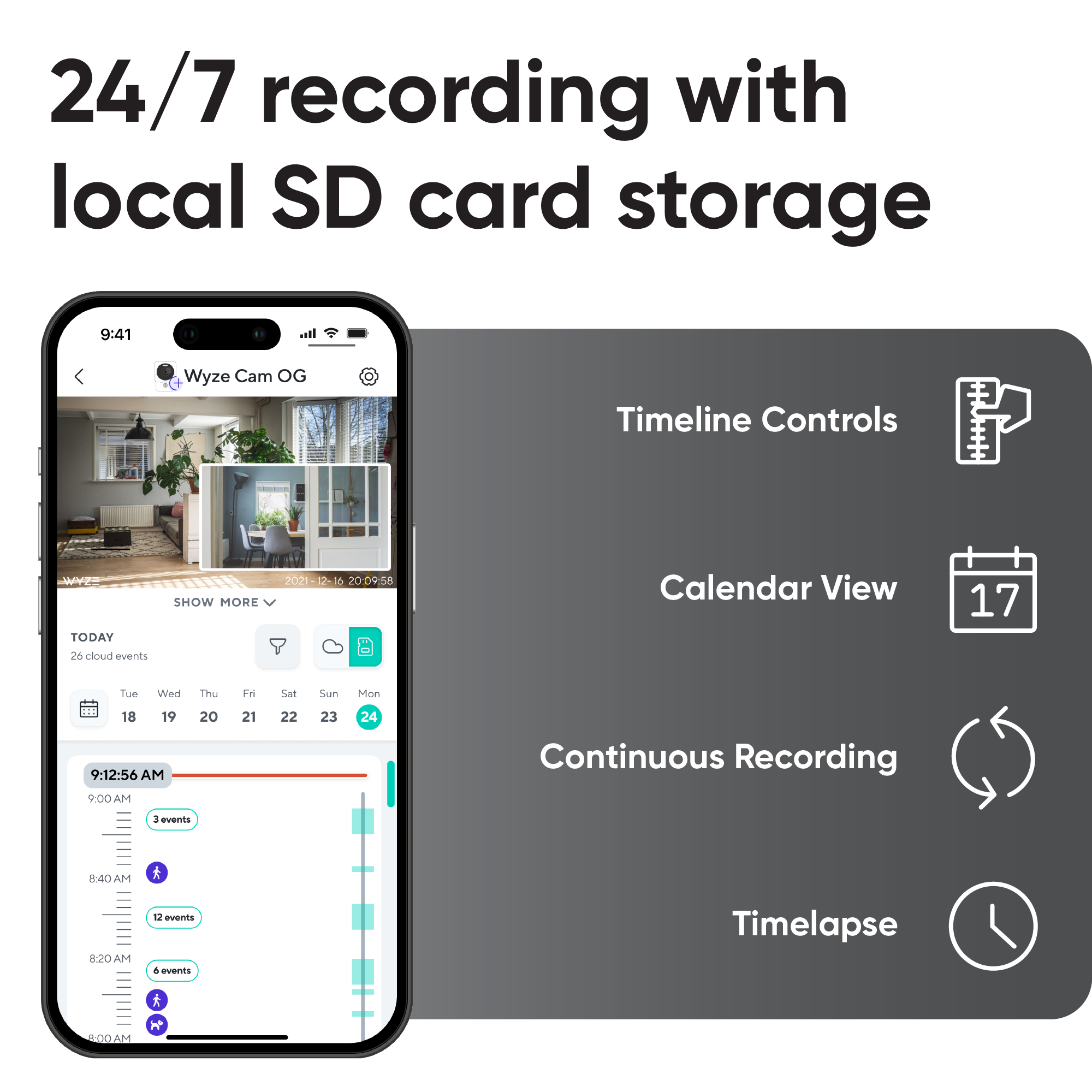 Smartphone with livestream video open on the screen. White text overlay of local microSD card storage features: timeline, calendar view, continuous recording, and timelapse..