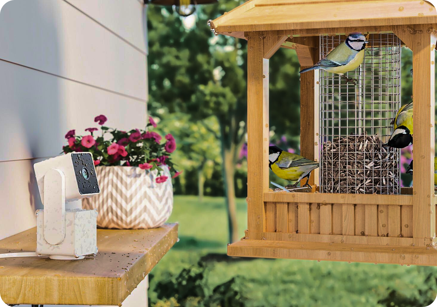 Cam Pan v3 outside monitoring bird feeder with birds eating