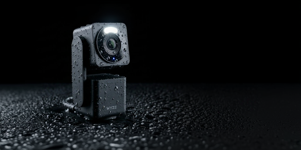 Small camera device with water droplets on a dark surface