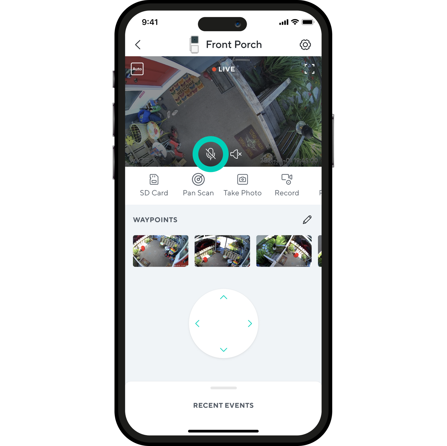 Smartphone camera with a Wyze app opened to live view highlighting two way audio feature 