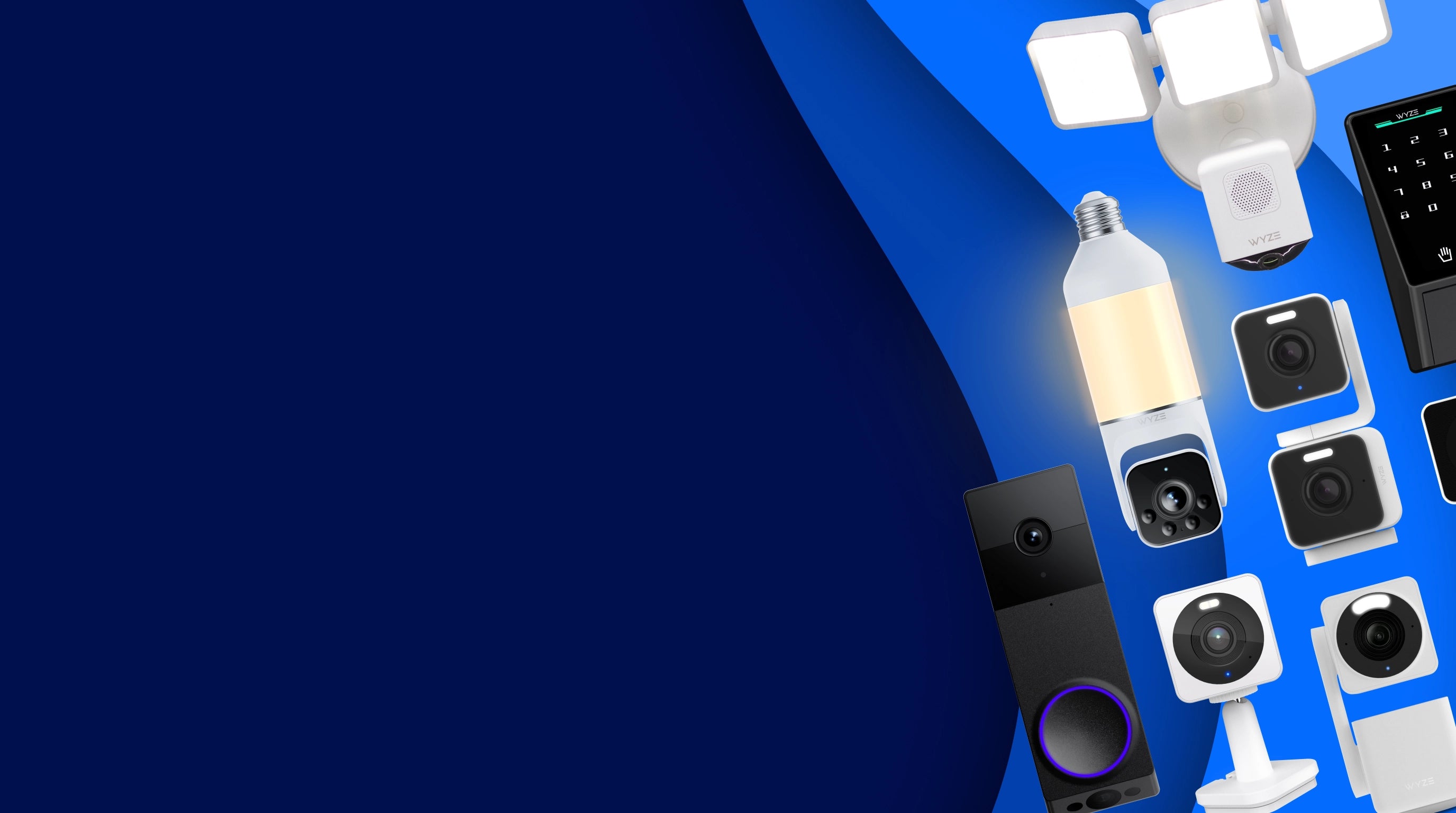 Collection of security cameras and lights on a blue background