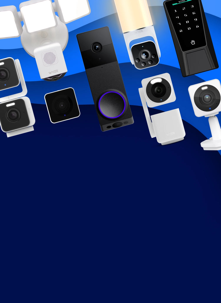 Various security cameras and devices on a blue background