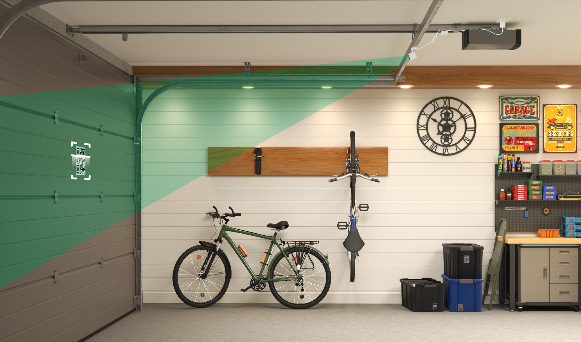 A green bicycle parked in a garage.