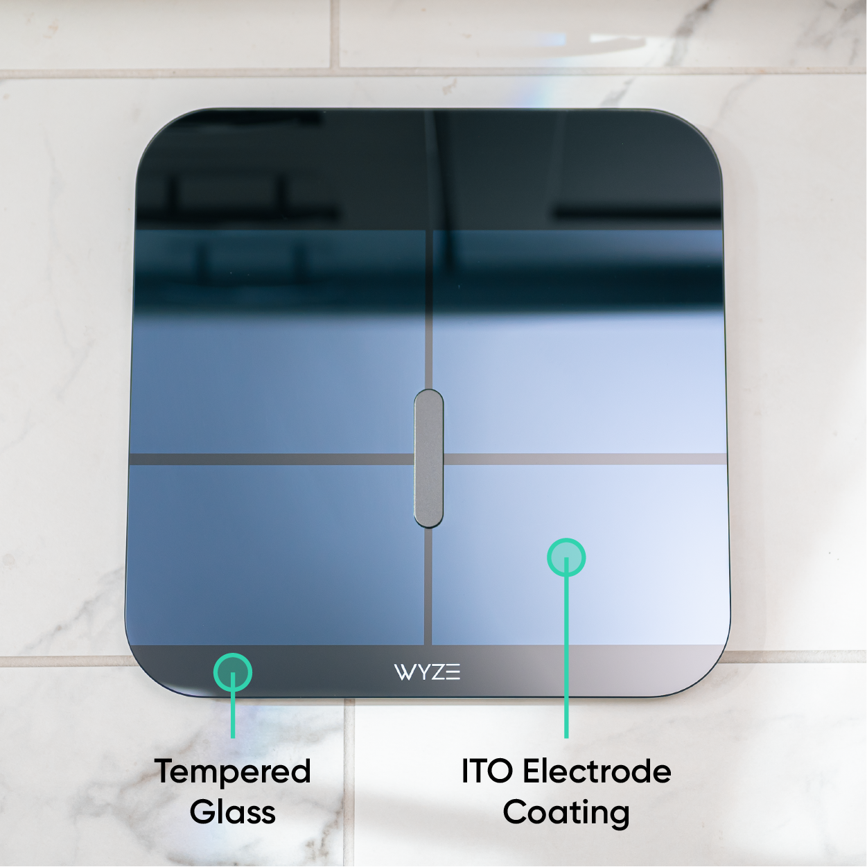 Black Scale X text overlays says, "Luxurious ITO glass electrodes give accurate measurements no matter where you step."