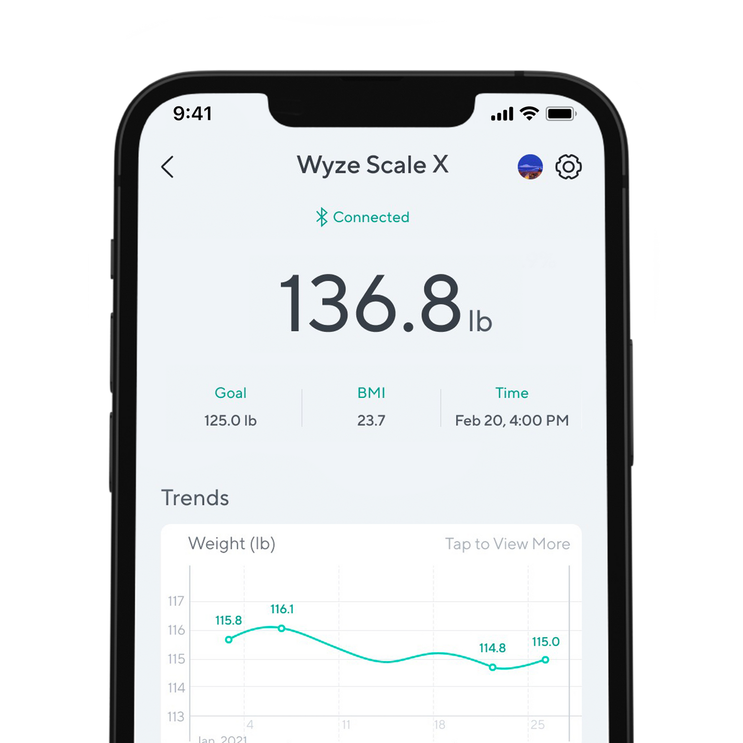 Phone showing wyze app with weight trend line