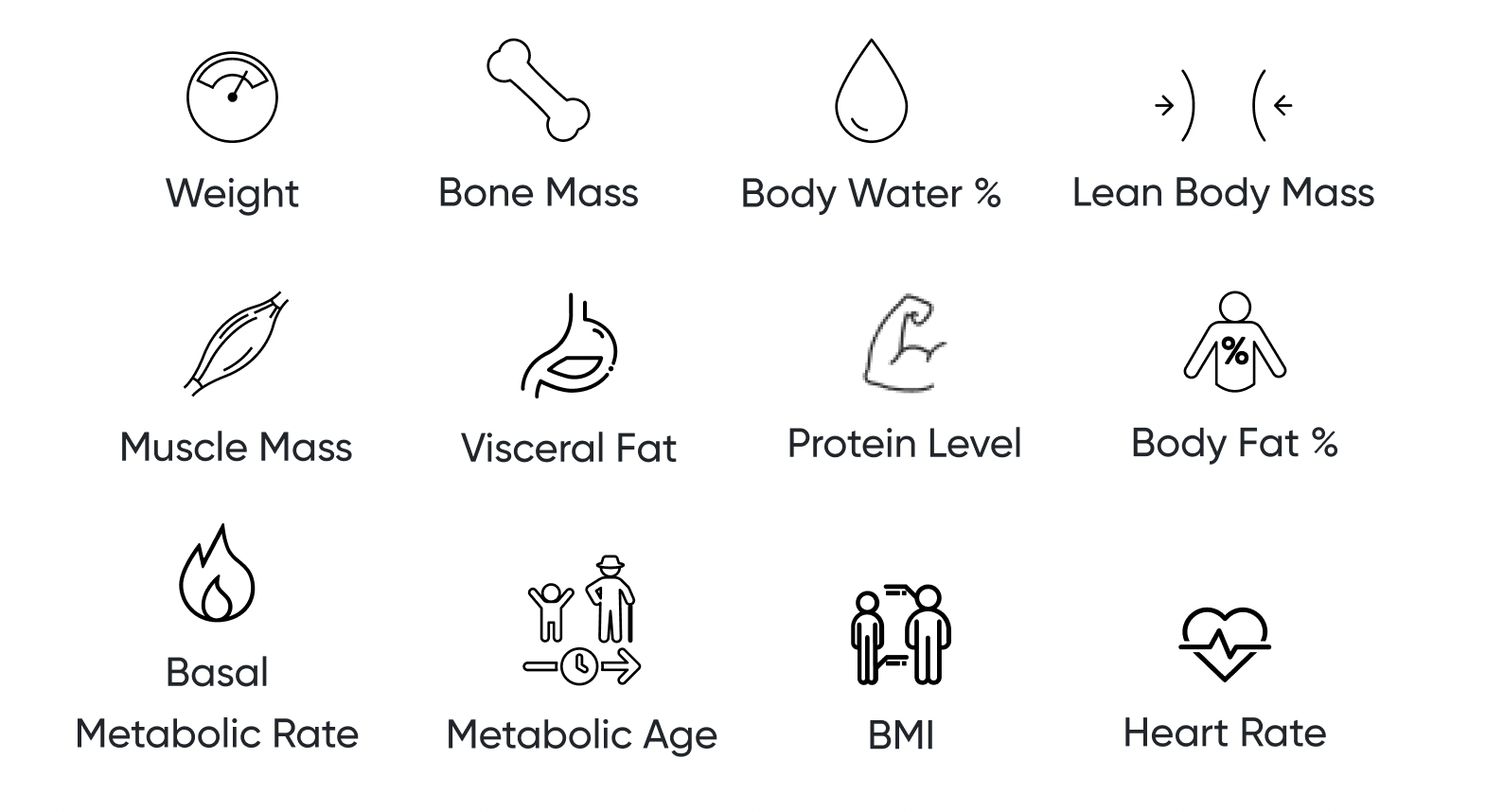 A collection of icons representing various health metrics, including body mass index, lean body mass.