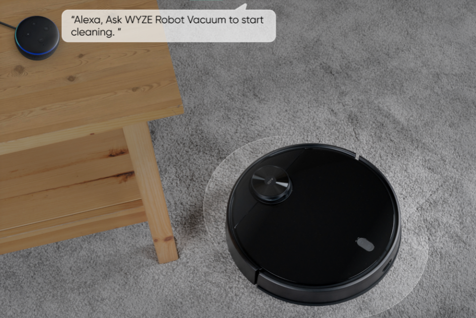 Person telling Alexa to ask Wyze Robot Vacuum to start cleaning