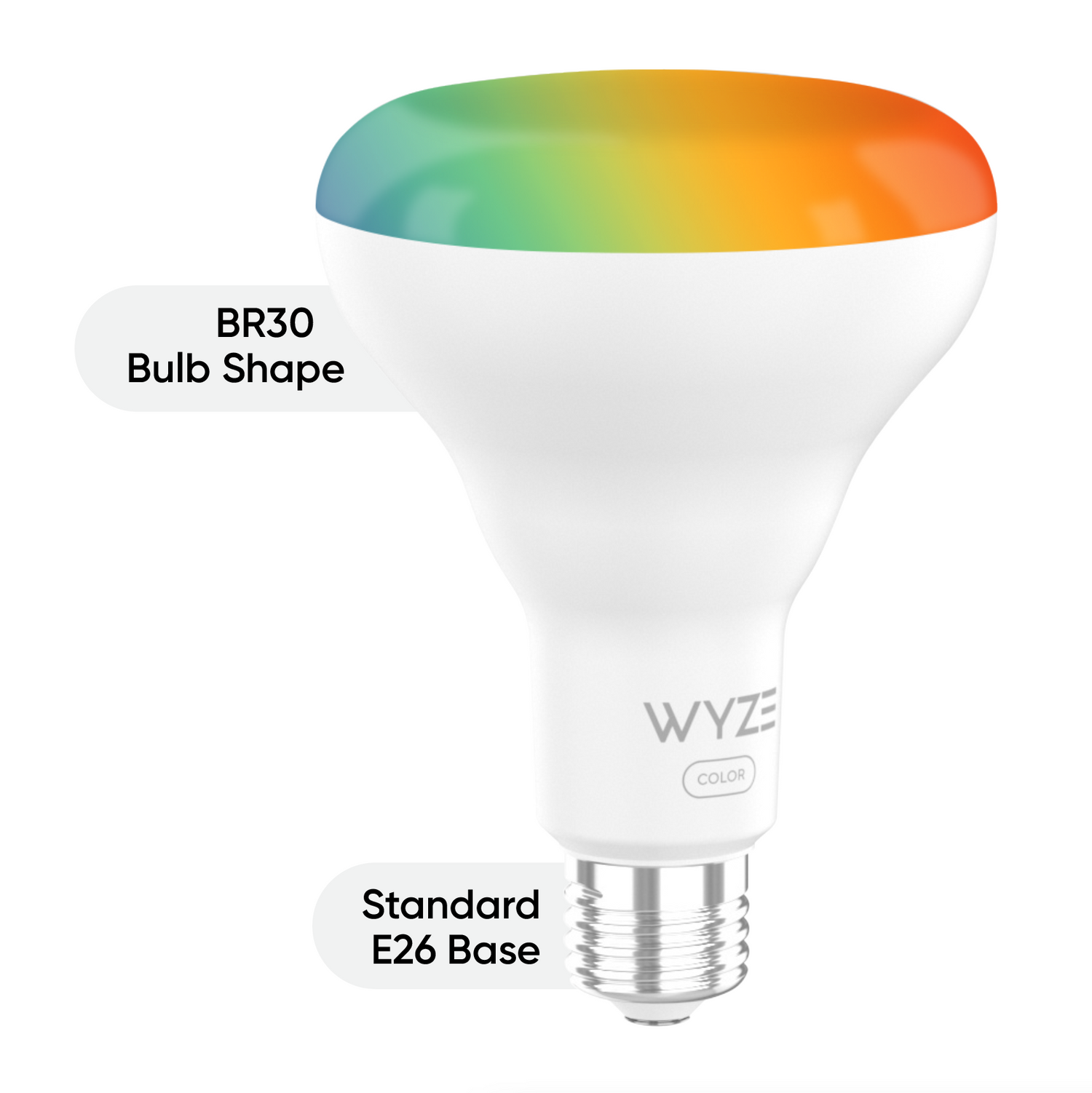 Color smart bulb with text overlay calling out the BR30 bulb shape and E26 base.
