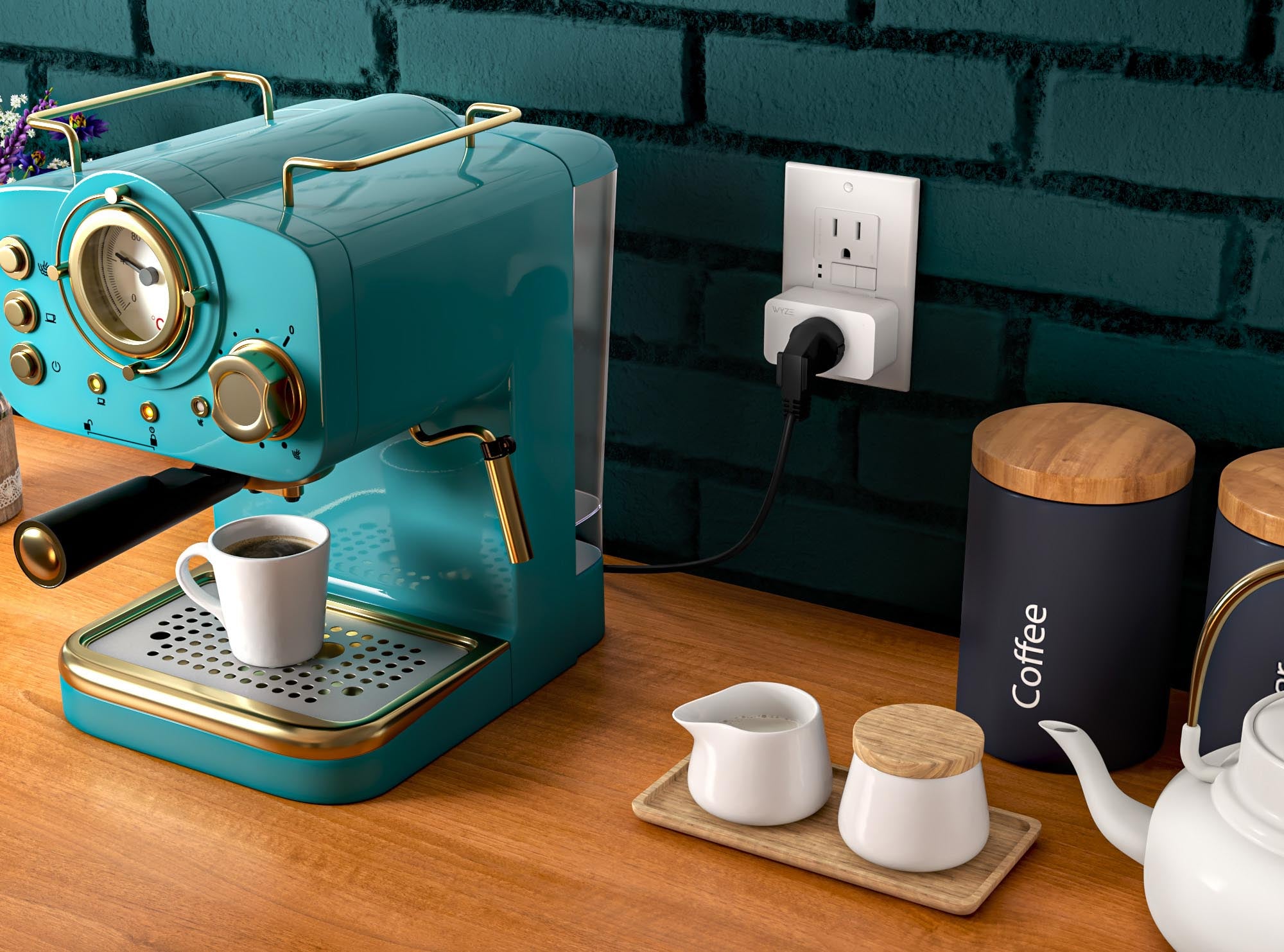A blue coffee maker with a white cup and a black plug.