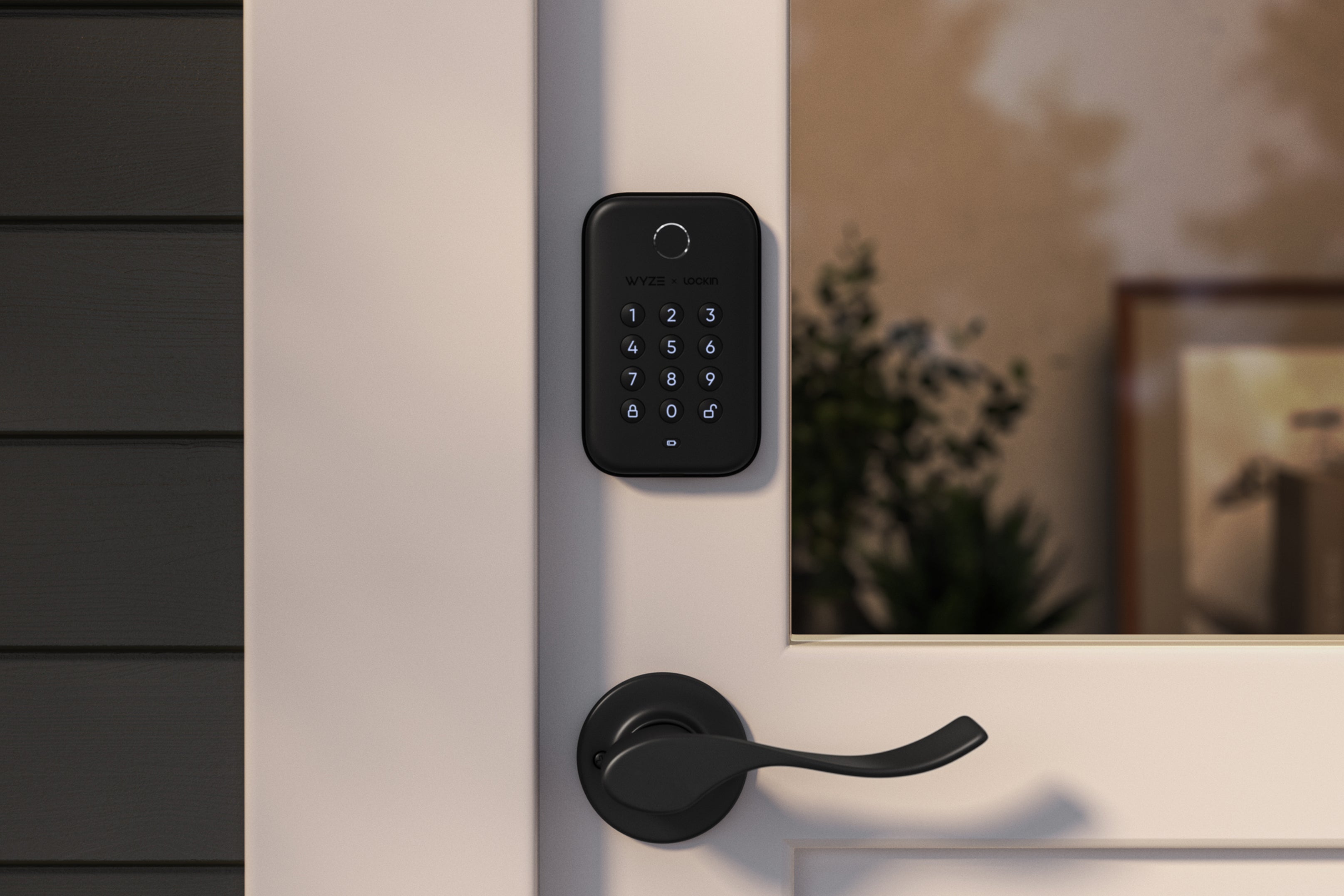 A black lock bolt installed on a white door.