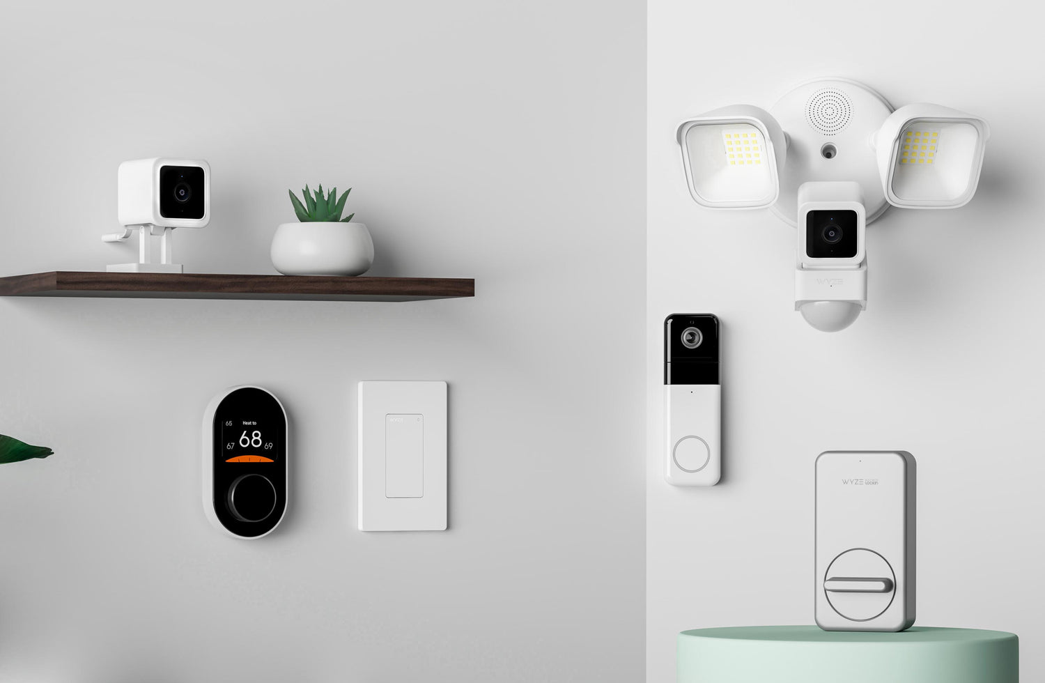 Image wall room with Wyze Cam v3, Wyze Thermostat, Wyze Switch, Wyze Video Doorbell, Wyze Floodlight and Wyze Lock 