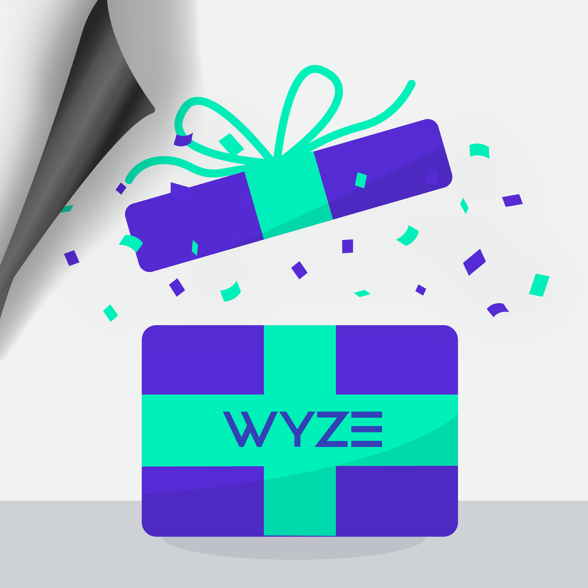 Open purple Wyze gift box with a teal ribbon and floating lid, surrounded by confetti on a light gray background with a peeled-back corner.