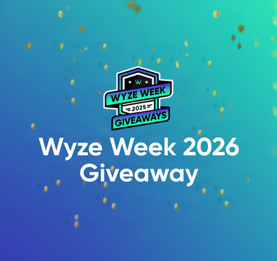 Wyze Week 2026 Giveaway on a blue-to-teal gradient background with gold confetti and a Wyze Week Giveaways badge labeled 2025.