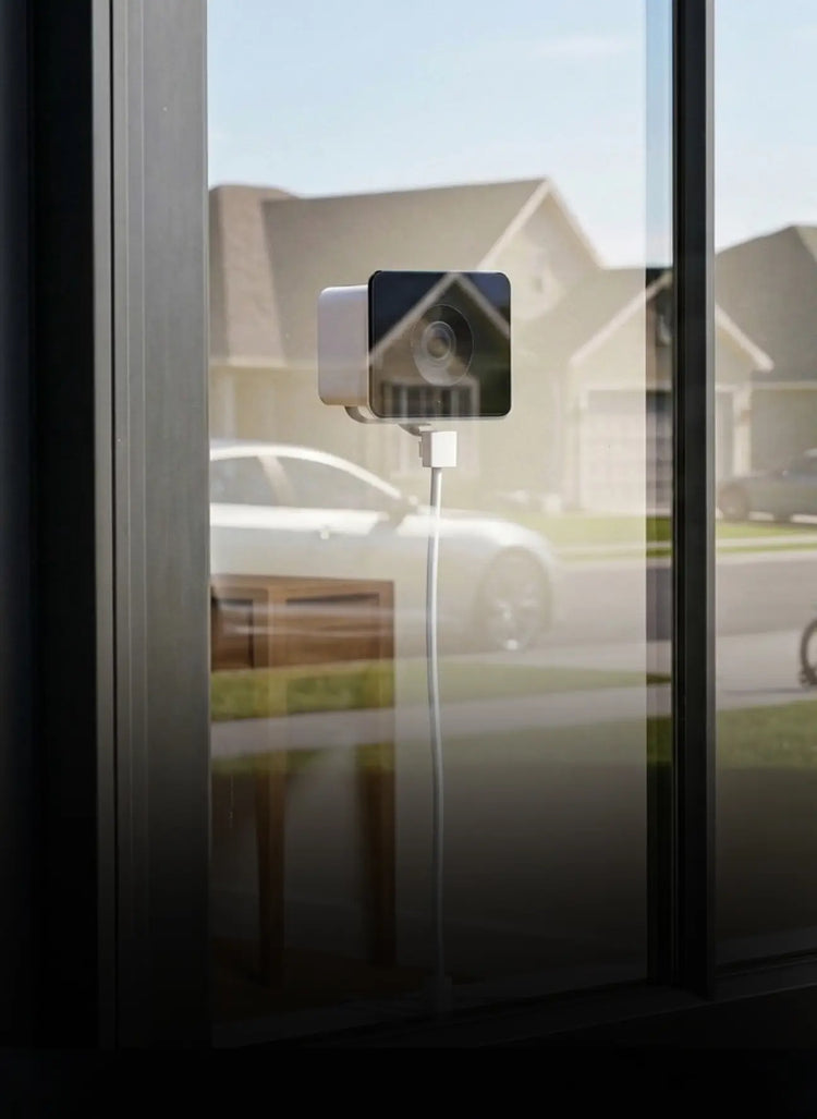 Security camera mounted on a glass door with a residential street view.