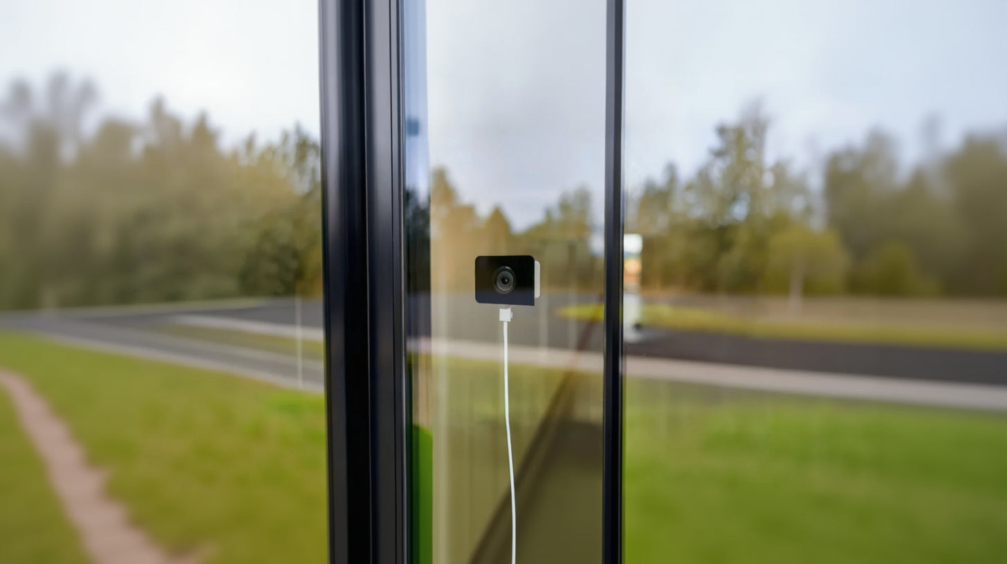 Smart home security camera attached to a glass door with a blurred outdoor background