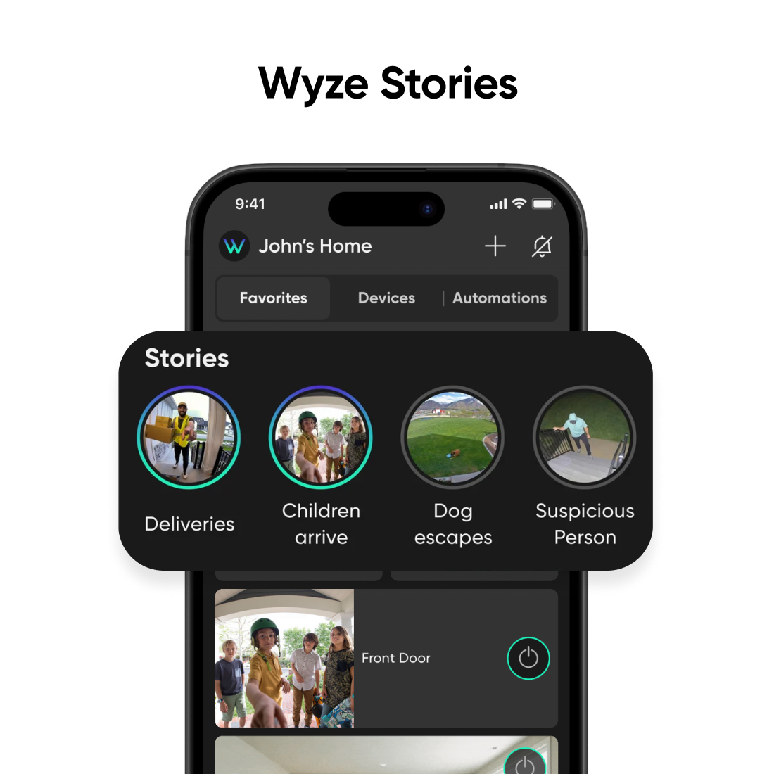 Wyze app showing Wyze Stories with camera event highlights labeled Deliveries, Children arrive, Dog escapes, and Suspicious Person.