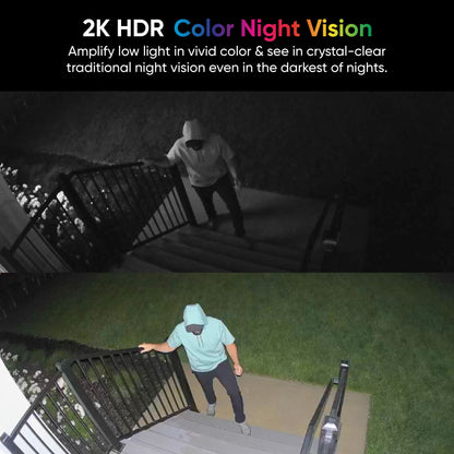 Side by side comparison of night vision and color night vision with a man approaching the house.