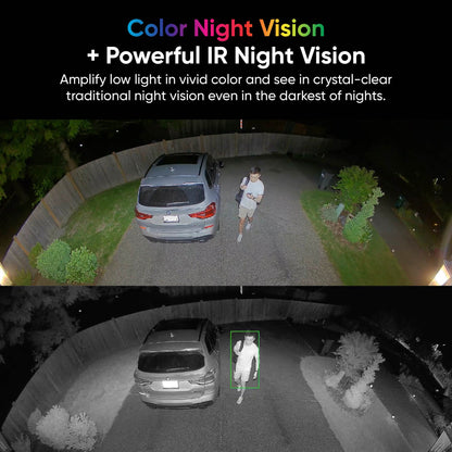 Side-by-side picture comparison of Color Night Vision vs Powerful IR Night Vision.