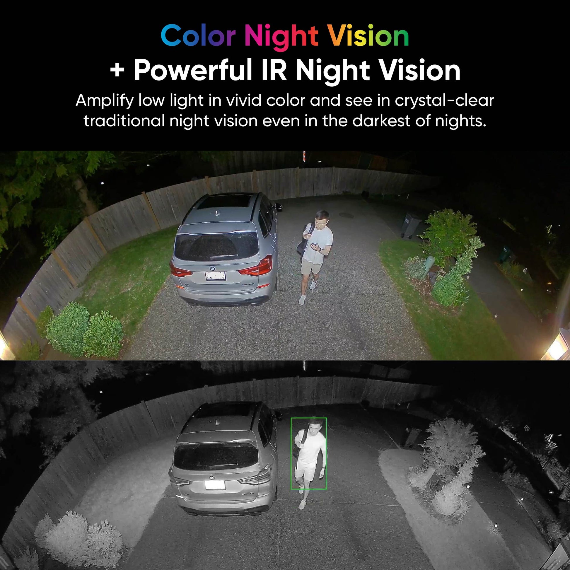 Side-by-side picture comparison of Color Night Vision vs Powerful IR Night Vision.