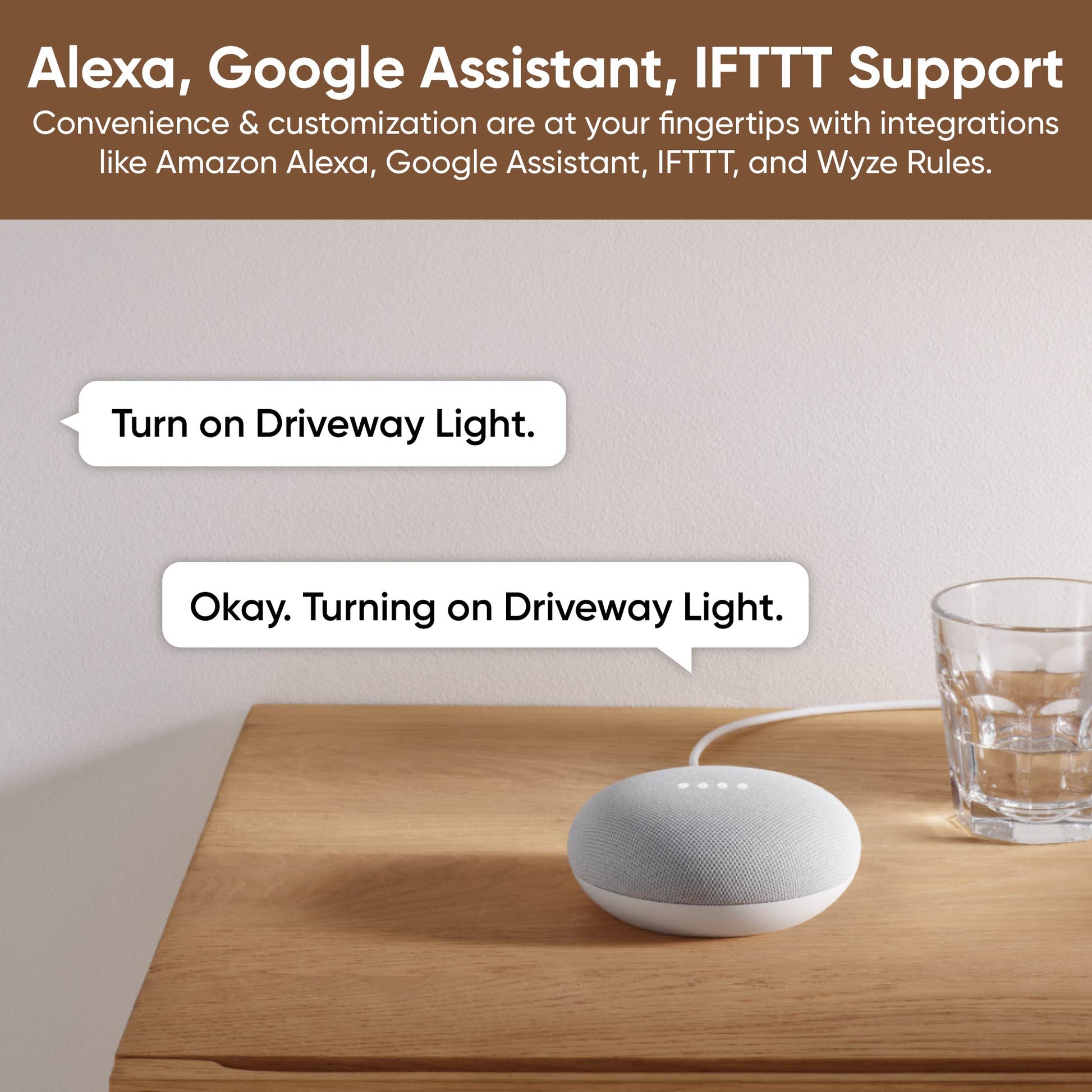 Google Nest Mini on table as it receives a voice command to turn on driveway light