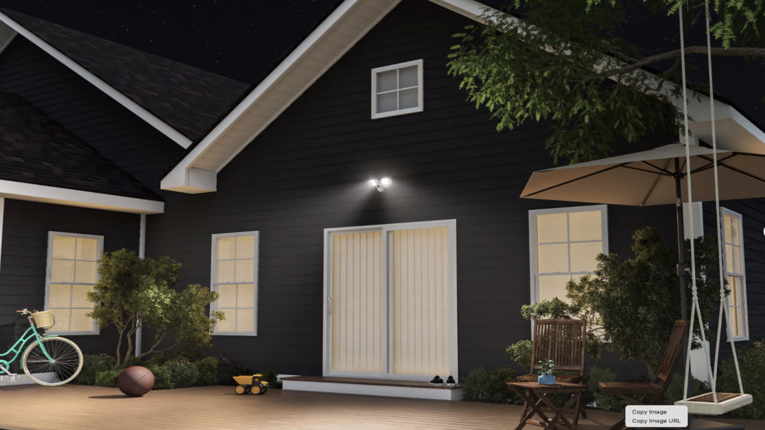 Load video: 3d render of Wyze Floodlight attached to the back porch of a house.