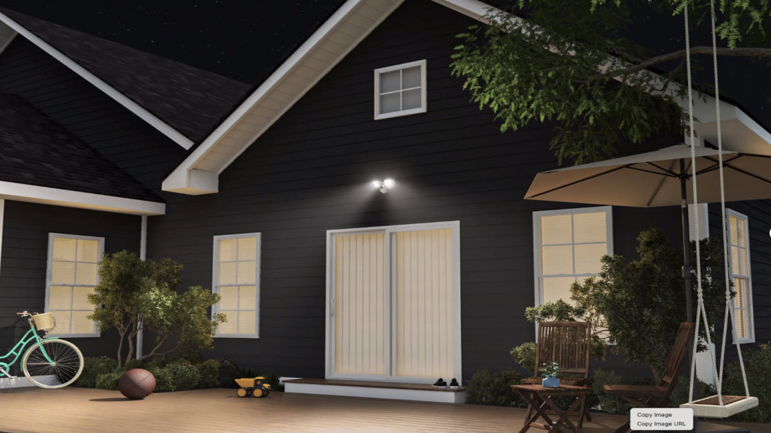 Cargar video: Representación 3D de Wyze Floodlight adjunto al porche trasero de una casa.