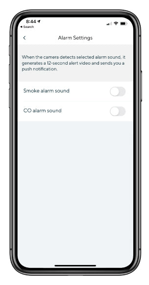 In-app Alarm Settings screen which shows detection for Smoke and CO alarms