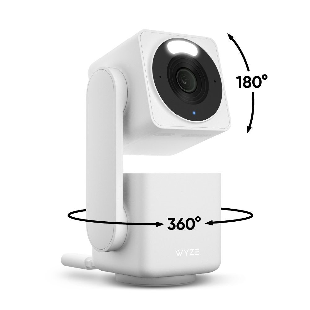 White Wyze camera with 360-degree and 180-degree rotation capabilities on a white background