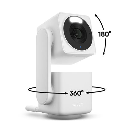 White Wyze camera with 360-degree and 180-degree rotation capabilities on a white background