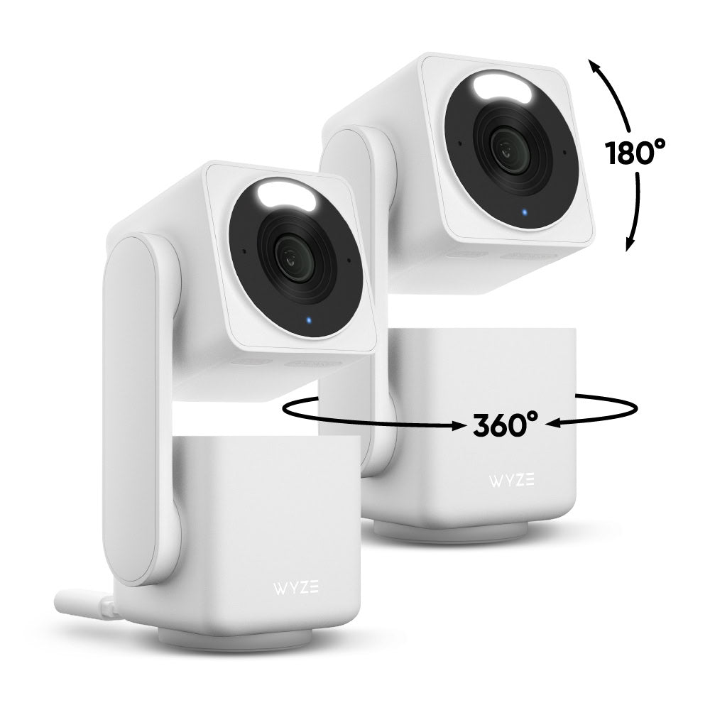 White security camera with 360-degree and 180-degree rotation capabilities on a white background