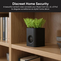 A black vase with a plant in it.
