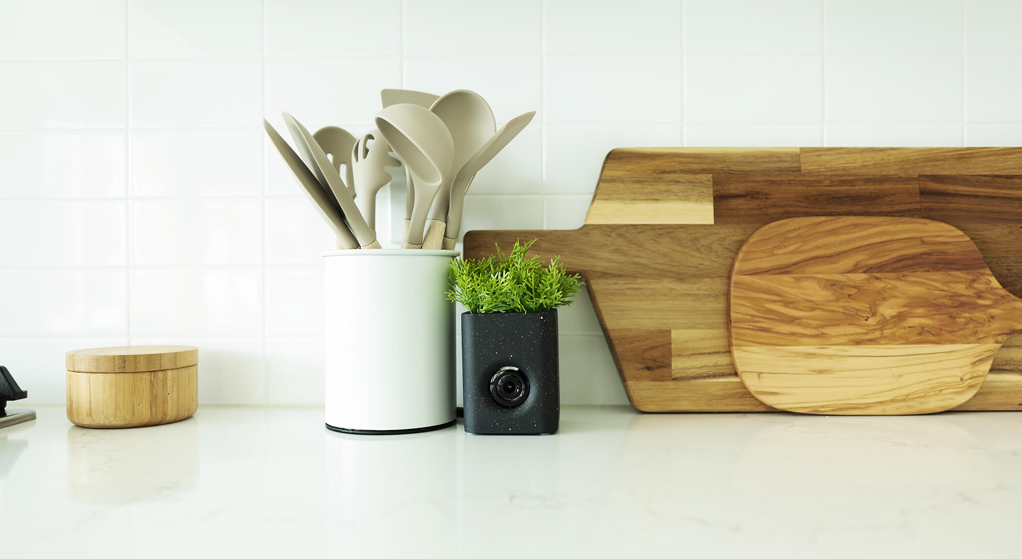 A WyzeCam is mounted on a wall next to a vase with grass in it.