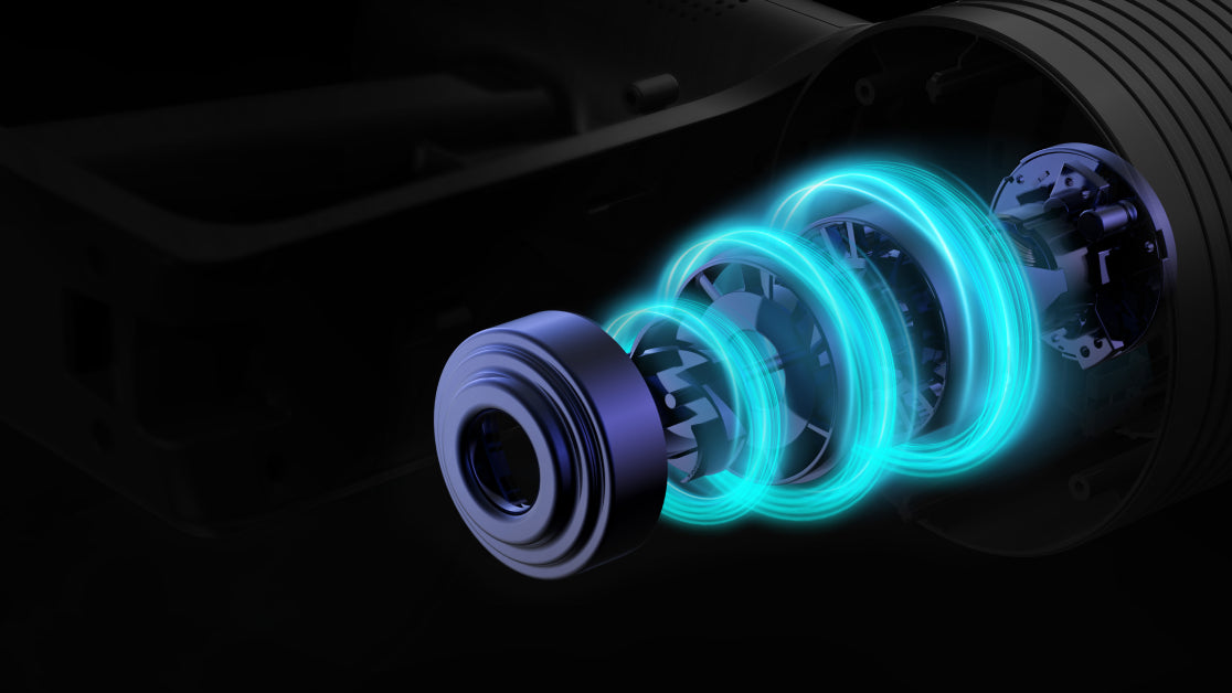 A close up of a cordless vacuum with a blue light.