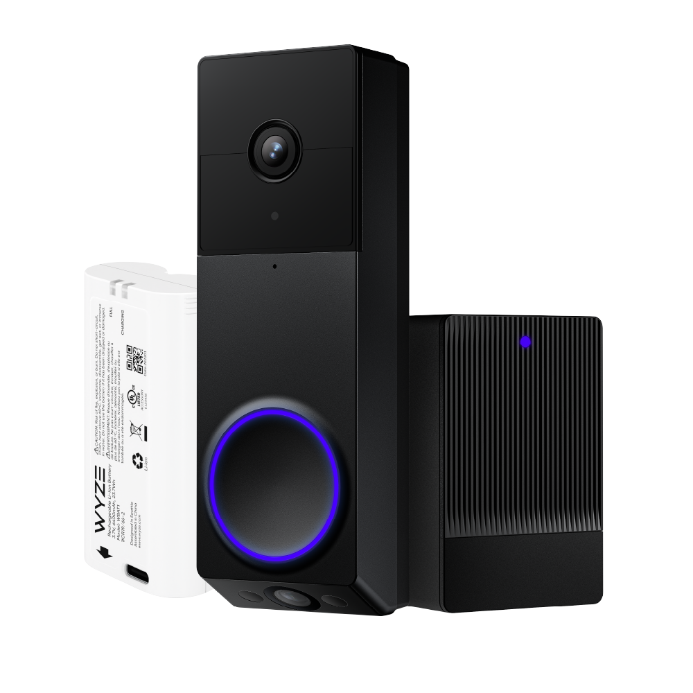 Wyze Duo Cam Doorbell in silver, black wi-fi chime, and battery pack