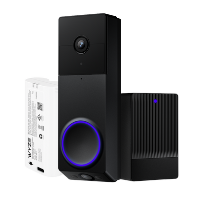 Wyze Duo Cam Doorbell in silver, black wi-fi chime, and battery pack