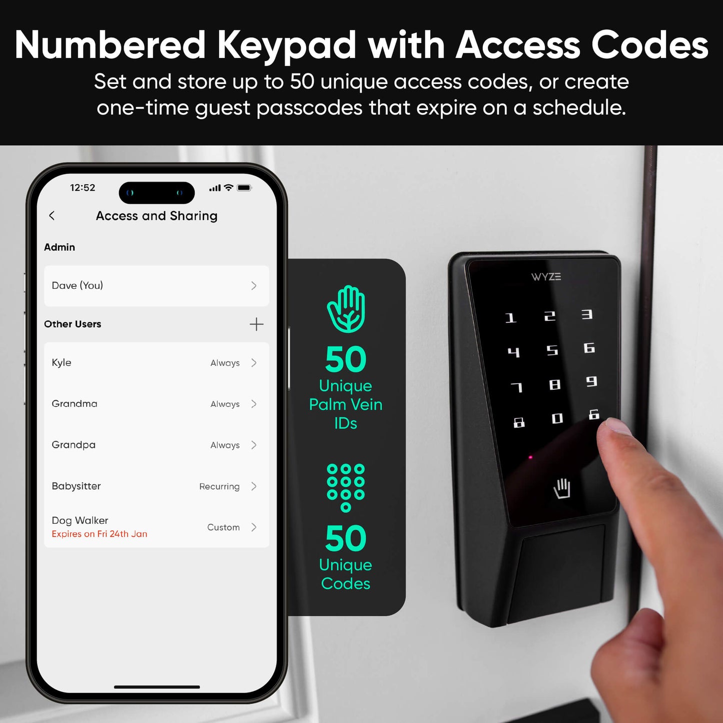 Digital keypad with screen displaying access codes and a smartphone app interface.