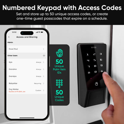 Digital keypad with screen displaying access codes and a smartphone app interface.