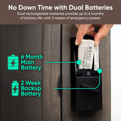 Dual battery system with a hand inserting a battery into a device, highlighting 6-month main battery and 2-week backup battery life.