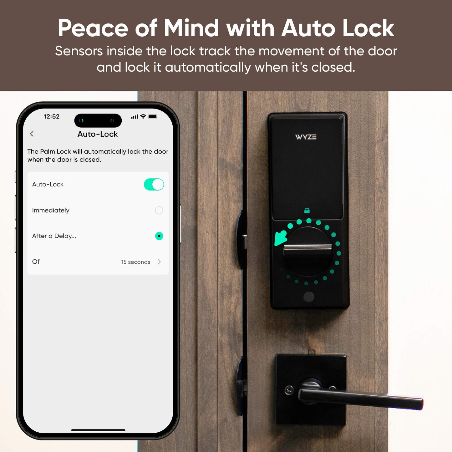 Smart lock system with smartphone app interface on a wooden door