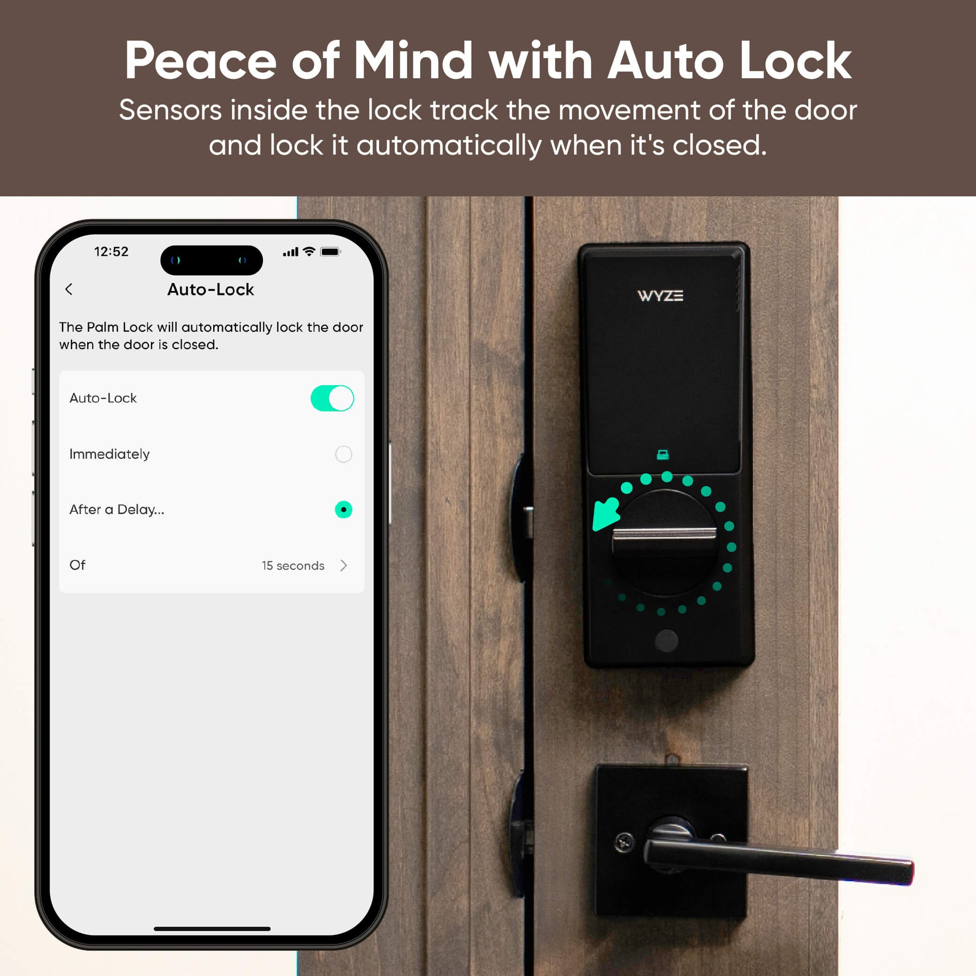 Smart lock system with smartphone app interface on a wooden door