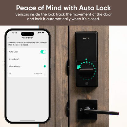 Smart lock system with smartphone app interface on a wooden door