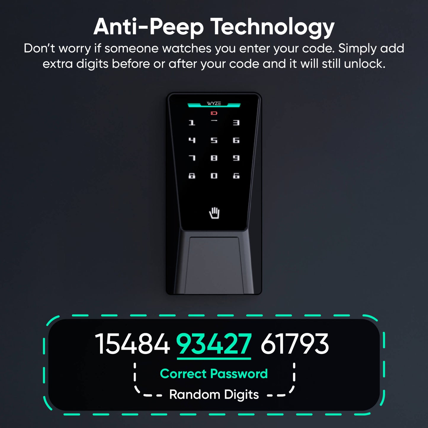 Digital keypad with anti-peep technology feature on a dark background