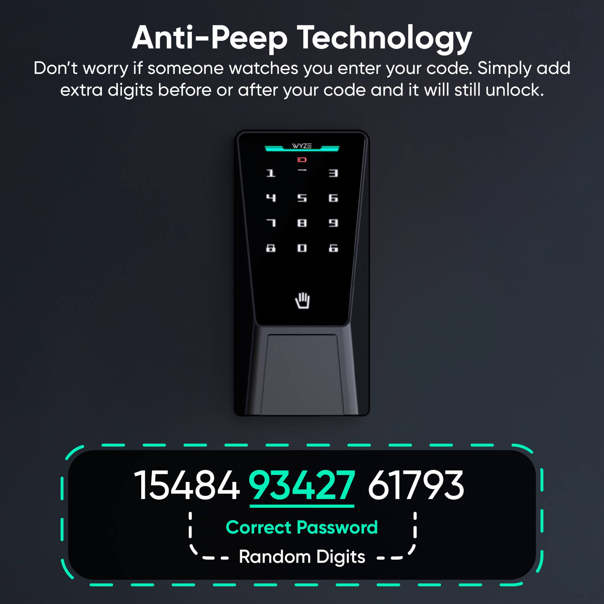 Digital keypad with anti-peep technology feature on a dark background