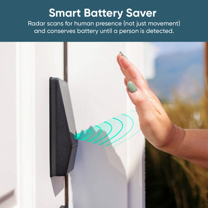 Smart battery saver device with hand approaching, indicating presence detection feature.