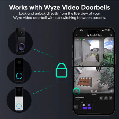 Wyze video doorbell system with smartphone app interface on a dark background