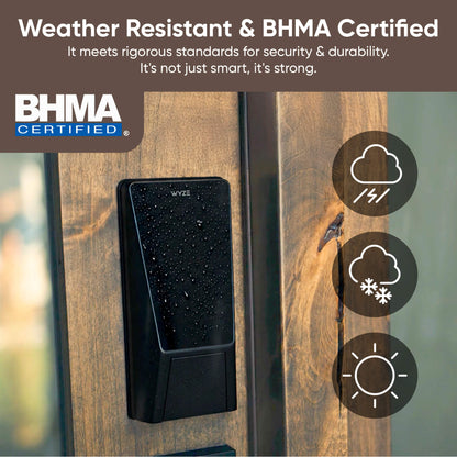 Weather-resistant security device on a wooden surface with BHMA certification logo and text.