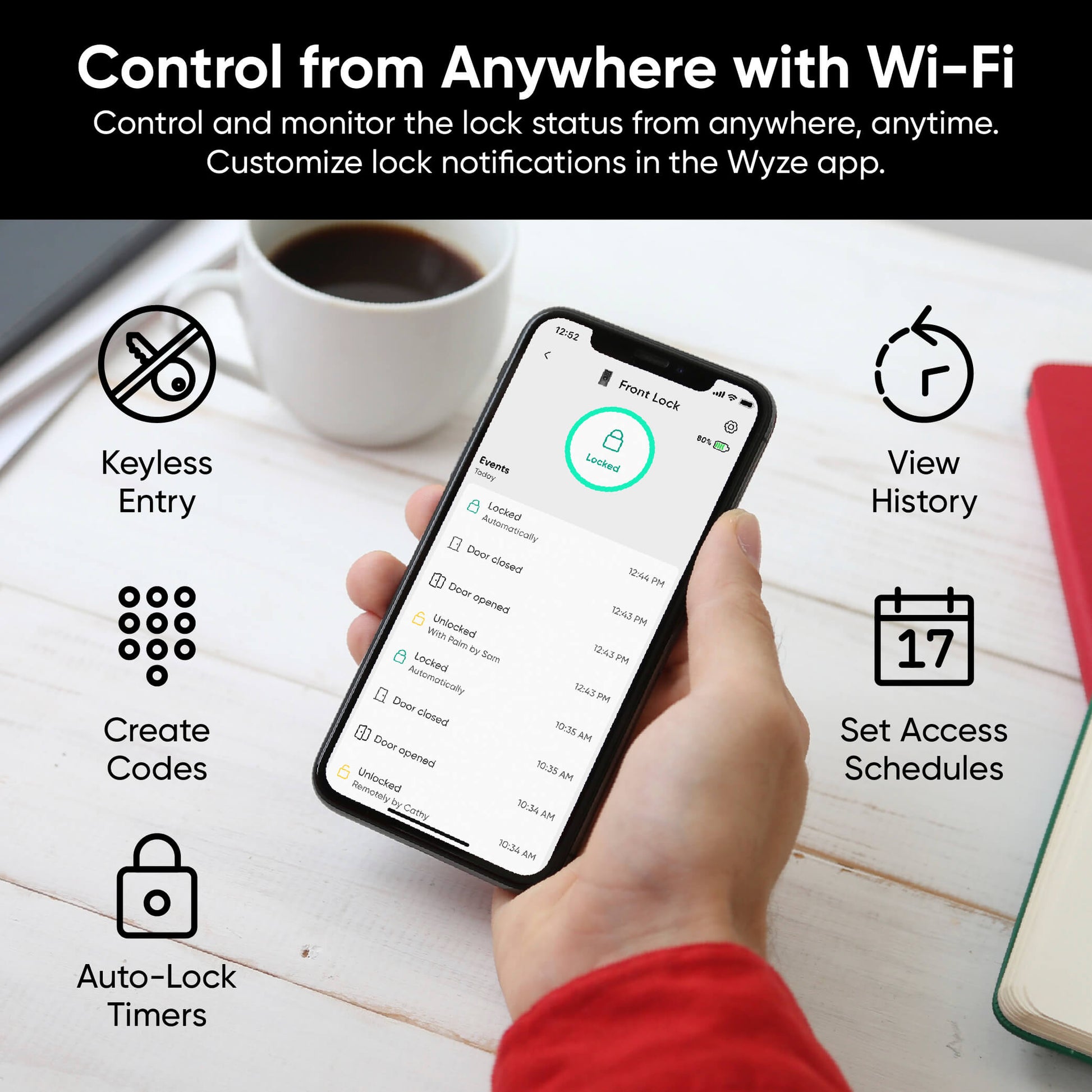 Hand holding a smartphone with a lock app on a table with coffee and a notebook.